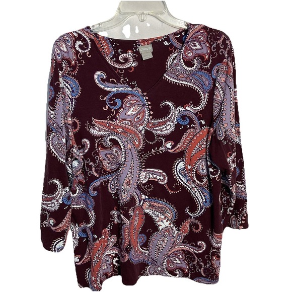 Burgundy Tops - Chicos 2 Large 12-14 Burgundy Floral Paisley Artsy V-neck 3/4 Sleeve Blouse Top